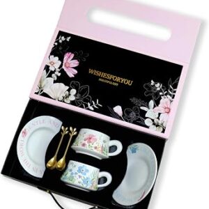 Tea Cup Set with 2 Cups & Saucers, 9.5 OZ Espresso Coffee Mugs