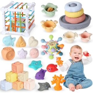 7-in-1 Baby Toys for 6 Months+, Montessori Toys with Shape Sorter Sensory Bin, Stacking Cups, Soft Sea Animal Toys for 6-12 Months, Infant Travel Toys Fun Bath Time Gifts for Toddler 1 2 3 Year Old