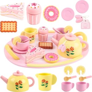 Wooden Tea Party Set, Tea Set for Ages 3+ with Teacups & Tray | Pretend Play Tea Set for Girls Ages 3-5, 4-6 with Desserts & Serving Tray