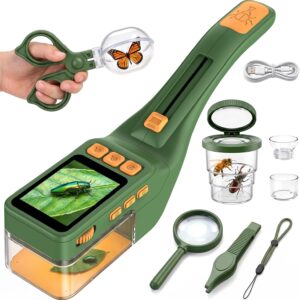 Kids handheld microscope Bug Catcher , STEM Educational Exploration Toy | Gift for Boys & Girls Age 3-12, 2.4″ IPS Screen, Photo Video, 8 LED Lights, 500 X Magnification, outdoor Insect Catching Kit