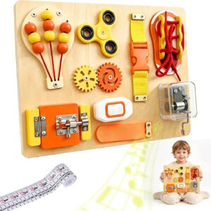 SEYTUFU Montessori Busy Board Toys, Wooden Sensory Activity Board for Autistic Children, Travel Toys for 3+ Year Old Boy & Girl Birthday Gift, Attached Growth Chart for Kids