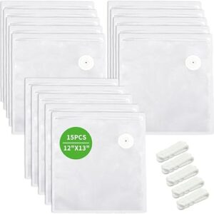 Large Reusable Vacuum Sealer Bags, 15 Pack 12×13 in Zipper Bags, 5 Clip Set