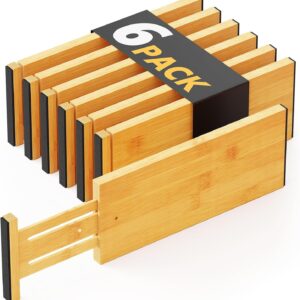 SpaceAid Bamboo Dresser Drawer Dividers 6 Pack, 4.65“ High Adjustable 12.5“-17” Drawer Organizers, Expandable Organization for Clothing, Clothes, Dressers, Natural