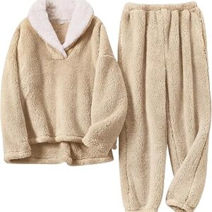 Womens Fluffy Loungewear Pajamas Sets Fleece Pullover and Pants Set