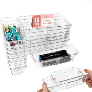 16 PCS Expandable Drawer Organizers, 2-Size Clear Acrylic Storage Box | Adjustable, Transparent, Thickened Plastic, 10 PCS Middle & 6 PCS Large Size for Makeup, Vanity, Bathroom, Kitchen, Office