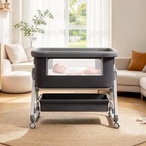 Baby Bedside Cribs,Baby Bassinets Bedside with Wheels and Mosquito Net