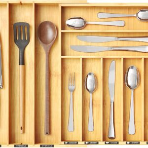 SpaceAid Bamboo Silverware Drawer Organizer with Labels, Kitchen Utensil Expandable Tray Holder Organizer for Flatware, Cutlery, Spoon and Knives Drawer Storage Organization (Natural, 10 Slots)