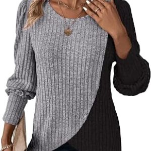 MixShe Women’s Two Tone Color Block Ribbed Knit Sweater Long Sleeve Pullover