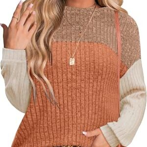 MixShe Womens Sweaters Color Block Crewneck Tunic Tops