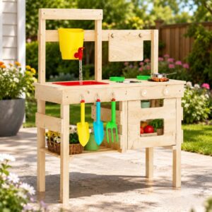 Outdoor Mud Kitchen for Kids, Wooden Play Kitchen with Sink and Faucet | Solid wood outdoor play kitchen with removable faucet, sink, cutting board, toy pots, soil cups, magnetic door and shelf