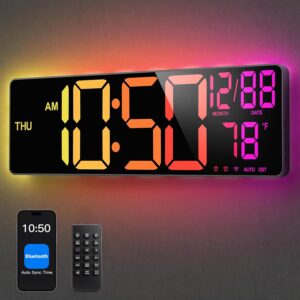 Tempospark Large Digital Wall Clock for Classroom, 15.5″ LED Digital Clocks | Bluetooth Sync Time Large Display Wall Clock with Remote,RGB Color,Date,Week,Alarm,Temp for Living Room,Bedroom,Gym,Office