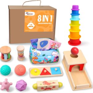 Montessori Toys for Babies 6-12 Months,1 Year Old,8 in 1 Baby Sensory Toy for 12-18 Months Toddler,Wooden Educational Development Toys with Soft Stacking Cup&Sensory Ball&Tissue Box