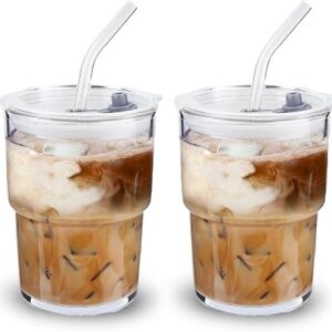 2PCS Glass Cups With Lids And Straws, Iced Coffee Cup,15Oz/450ml Iced Coffee Glasses Tumbler, Thick Wall Glass Mug For Tea Water, Matcha Cup Chirstmas Gifts (Clear, 2PCS)