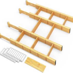 SpaceAid Bamboo Drawer Dividers with Inserts and Labels, Kitchen Adjustable Drawer Organizers, Expandable Organization for Home, Office, Dressers, 4 Dividers with 9 Inserts (17″-22″ Natural)