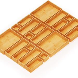 SpaceAid 21-Piece Bamboo Drawer Organizer Storage Boxes Set, Wood Tray Junk Drawer Organizers Multi-Use Divider Bins for Kitchen, Bathroom, Office Desk and Makeup Organization (21 Pack, Natural)