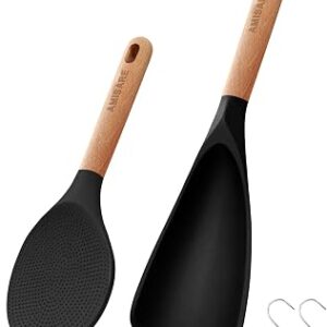AMISARE 2-Pack Silicone Cooking Spoon, Spatula & Rice Paddle, Wooden Handle