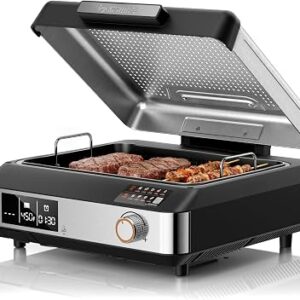 Kismile 2-in-1 Griddle and Indoor Grill,Electric Smokeless Grill with Temperature Probe,Temperature Control & display screen,Portable Smoke-Free Griddle for Indoor Steaks,Family Cooking(Gray)
