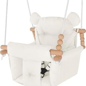 Baby Swing Indoor Outdoor,Secure Canvas Wooden Toddler Swing Seat, 3-Point Adjustable Safety Harness,Mounting Hardware Included,Gift for Boys and Girls,Beige