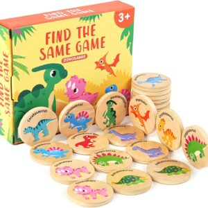 Protado Wooden Memory Game for Kids, 24 Dinosaur Matching Cards | Educational Preschool Toy with Smooth-Edged Tiles Develops Focus, Recall and Visual Recognition for Classroom and Family Play
