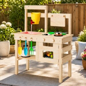 Kids’ Outdoor Play Kitchen – Mud Kitchen Playset with Water Faucet, Double-Sided Chalkboard, Storage Shelves, Cups, Removable Sink, and Pretend Stove – Backyard Toddler Play Set