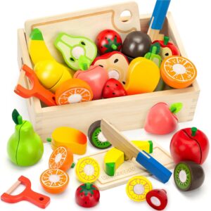 Wooden Play Food Set for Toddlers Toys Pretend Play Kitchen Accessories Fruit Cutting Set for Kids Gift for Boys Girls Montessori Educational Toys