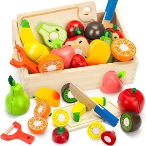Wooden Play Food Set for Toddlers Toys Pretend Play Kitchen Accessories Fruit Cutting Set for Kids Gift for Boys Girls Montessori Educational Toys