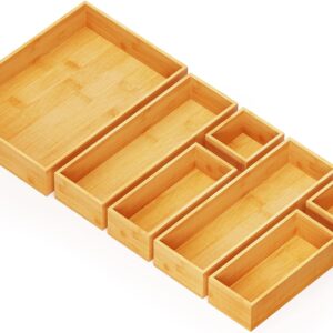 SpaceAid 7-Piece Bamboo Drawer Organizer Storage Boxes Set, Wood Tray Junk Drawer Organizers Multi-Use Divider Bins for Kitchen, Bathroom, Office Desk and Makeup Organization (7 Pack, Natural)