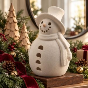 Christmas Decorations Table Top Decor, Rustic Terracotta Snowman Home Decor | Handmade Christmas Home Decor Indoor, Christmas Snowman Figurine for mantels, shelves, tables and entryways
