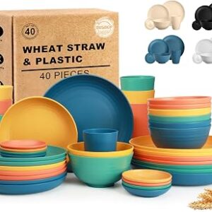 Wheat Straw Dinnerware Sets 40 Piece, Kitchen Plates and Bowls Set, Unbreakable Dishes Set for 8, Microwave and Dishwahser Safe Dishware Sets for Home, Camping, RV, Party – Multi
