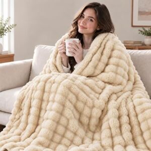 50″x60″ Faux Fur Bubble Heated Blanket Throw Light Oatmeal