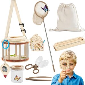 LIOKLICK Wooden Bug Catcher Kit for Kids Ages 3-8, 11PCS Outdoor Nature Explorer Kit with Bug Habitat, STEM Educational Guide, Butterfly Net & Magnifying Glass, Montessori Catching Toy & Camping Gift
