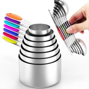 TILUCK Nesting Measuring Cups and Spoons Set, Stainless Steel with Soft Silicone Handle – Heavy Duty & Dishwasher Safe for Measuring Dry/Liquid Ingredients, Ideal for Cooking & Baking (14)