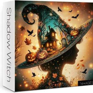Halloween Witch Hat Puzzles for Adults 1000 Piece, Fall Spooky Haunted House Jigsaw Puzzle, Fantasy Horror Pumpkin Bat Puzzle