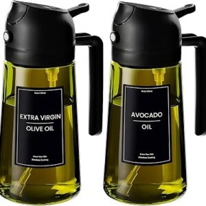 2PCS 16oz/470ml Glass Olive Oil Sprayer for Cooking – 2 in 1 Olive Oil Dispenser for Kitchen Gadgets, Air Fryer, Salad, and BBQ (Black & Black)