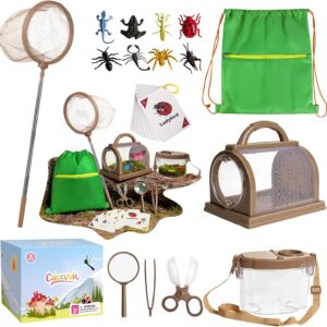 CUUCUVA Bug Catcher Kit for Kids Outdoor Explorer Kit with Insect Cage, Observation Box, Magnifying Glass, 8 Toy Bugs, Net & 10 Cards, STEM Educational Toys Gifting for Boys & Girls Ages 3+