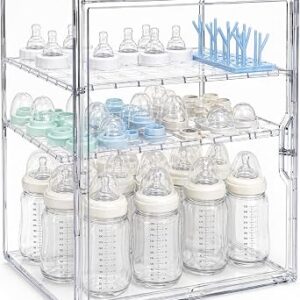 buywoo Baby Bottle Storage Organizer for Countertop & Cabinet, 3-Tier Clear Acrylic Bottles Storage Container Station with 2 Adjustable Dividers & Magnetic Door, Baby Essentials for Newborn Registry