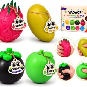 4 Pack Crunchy Squishy Stress Ball Gift Box, ASMR Fruit Squeeze Toys Set | Mango Green Apple Mangosteen Dragon Fruit, Flake Filled Slow Rising Fidget, Sensory Toys for Stress, Desk Gifts for Adults
