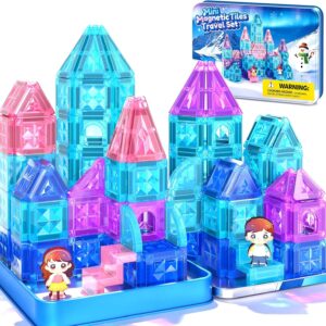 Mini Magnetic Tiles 60PCS Castle Building Blocks Princess Toys Ages 3+ | Magnetic Building Blocks for Girls Boys, Road Trip Airplane Travel Toys, Sensory STEM Birthday Xmas Gifts for Girls Boys