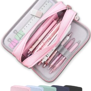 FAHZON Cute Pencil Case, 3 Large Compartments Pencil Pouch, Elastic Pen Slots&Mesh Pockets for Stationery, Pencil Bag for School Supplies with Zipper for Girls Boy Women Teens Adults-Pink