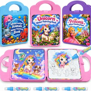 KOKODI 3 Pack Water Painting Books for Toddlers 1-3, Reusable Magic Water Coloring Book Set with Water Pens, Mess-Free Travel Activity Book for Kids, Unicorn Princess Ocean Animals Themes