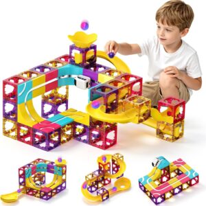 Magnetic Tile Rail, Electric Train 3D Infinity Track & Marble Run Race Track Set, 92 PCS 3-in-1 STEM Magnet Building Blocks Sensory Toy for Kids Ages 3+, Montessori Christmas Gift for Boys and Girls