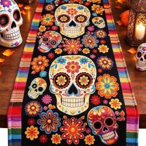 Dia De Los Muertos Table Runner, Sugar Skull Floral 13×72