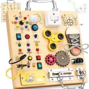 Montessori Busy Board for Toddlers, Sensory Activity & LED Lights Switches | Wooden Busy Board with Music Boxes & Locks & 17 LED Lights, Travel Educational Toy, Birthday Gift for Boys & Girls
