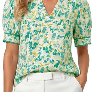 GRACE KARIN Women Boho Floral Tops Casual V Neck Puff Short Sleeve Blouse