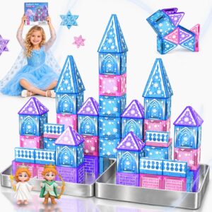 Mini Magnetic Tiles Princess Toys with 2 Dolls, Building Toys Gift for Girl | Travel Toys Magnetic Building Blocks, Castle Expansion Set, Sensory Toys for Kids Toddlers Ages 3-5 4-8, STEM Gifts for Girls