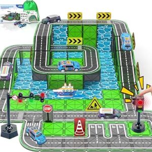 Road Magnetic Tiles with Traffic Light & Cars for Kids Ages 4-8, Boy Toys