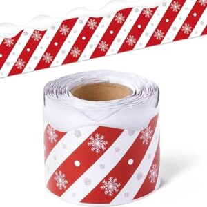 BeYumi Christmas Stripe Border Trim – 65ft Winter Christmas Candy Cane Stripes Snowflake Rolled Border Trim Xmas Red and White Bulletin Board Borders School Classroom Office Chalkboard Party Decor