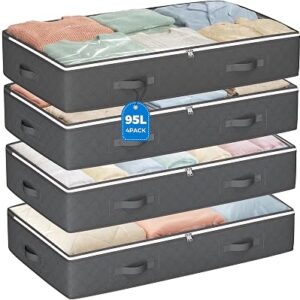95L Under Bed Storage Containers 4 Pack Closet Organizers Grey