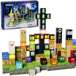 Veecafiodi Halloween Magnetic Building Blocks with Lights, 137PCS Magnetic Blocks STEM Construction Set for Kids Ages 4-8, Spooky Building Toy, Birthday Gift for Boys Girls