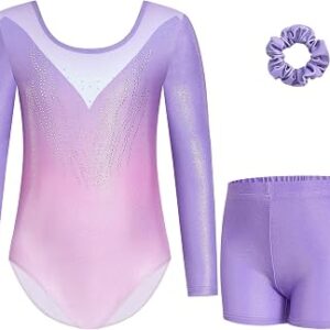 Girls Long Sleeve Rhinestone Gymnastics Leotard 3 Pcs Set